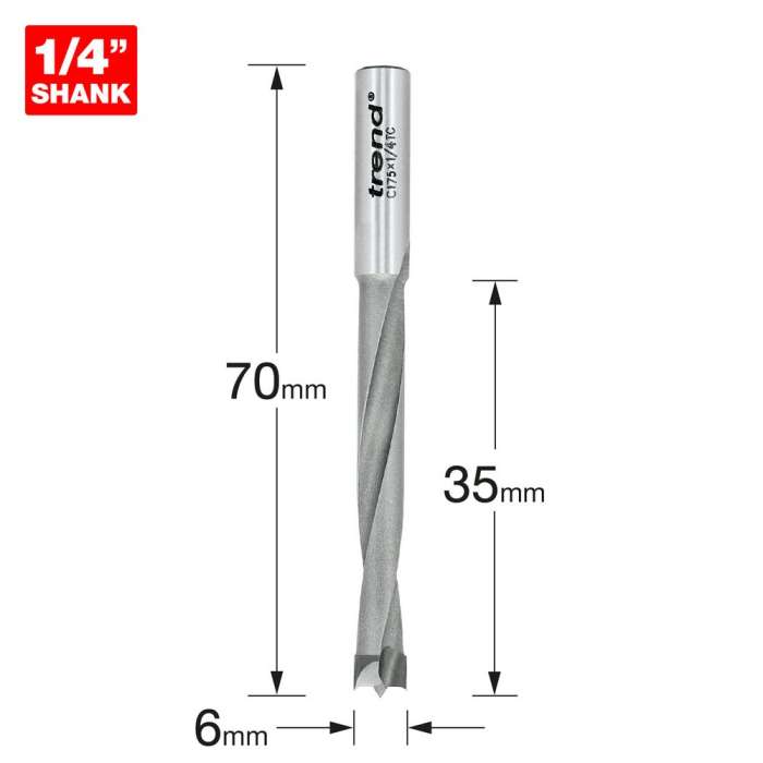 TREND C175X1/4TC 6mm dia. X 35mm cut Dowel Drill
