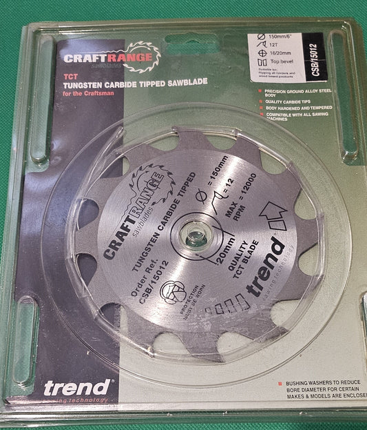 TREND CSB/15012 Craft Circular Saw Blade 150mm X 12 Teeth X 20mm bore - Bore Brushing Washer Supplied